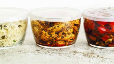 Meal prep stored in glass containers.