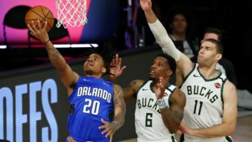 Orlando Magic guard Markelle Fultz finishes at the rim in Tuesday's Game 1 vs. the Milwaukee Bucks