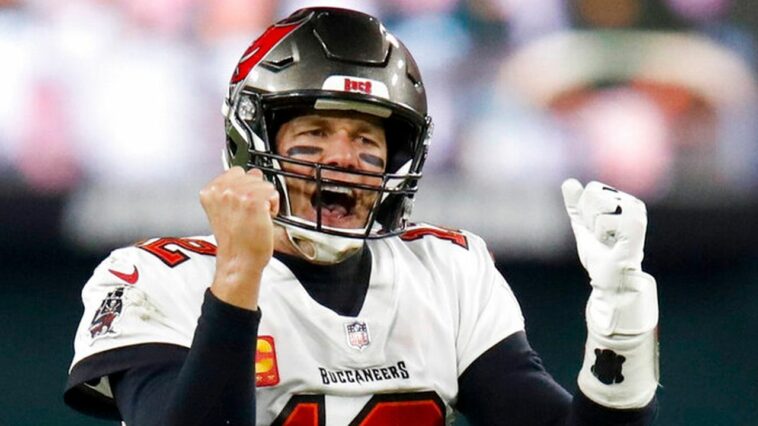 Tom Brady celebrates as the quarterback of the Tampa Bay Buccaneers