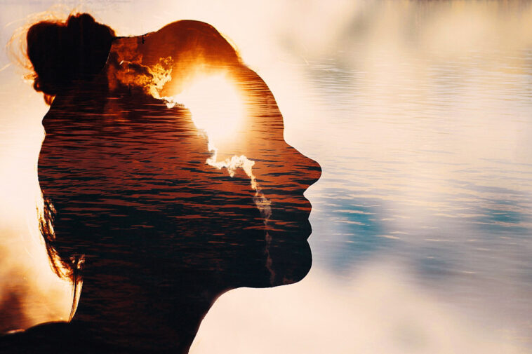 Shadow of a woman's head in front of water.