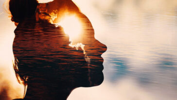 Shadow of a woman's head in front of water.