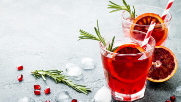 red cocktail with blood orange pomegranate. Refreshing Holiday drink