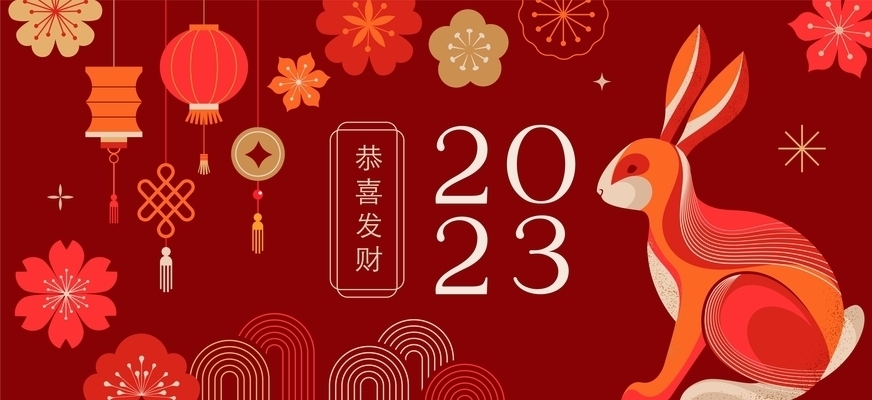 The Chinese new year 2023 year of the rabbit-red traditional Chinese designs with rabbits, and bunnies. Lunar new year concept, modern vector design. Translation: Happy Chinese new year