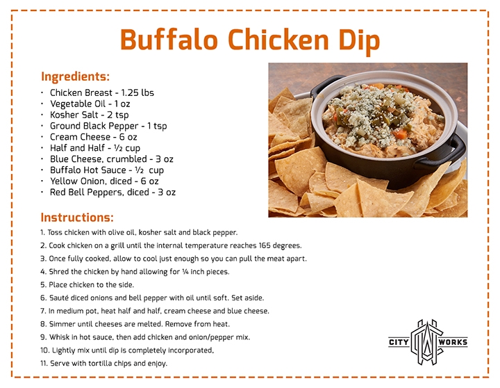 An instruction sheet how to make buffalo chicken dip. Make this dish with the steps written on the image.