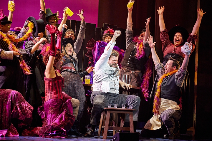 Michael Hegarty as Alfred P Doolittle center and The Company of The National Tour of MY FAIR LADY Photo by Jeremy Daniel