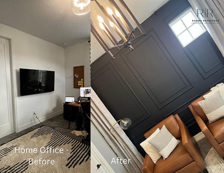 Home office before photo on the left with a television on the wall and a desk in the corner. Home office after photo on the right with two brown chairs in front of a brown wall.