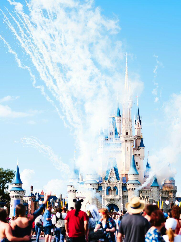 disney castle with fireworks